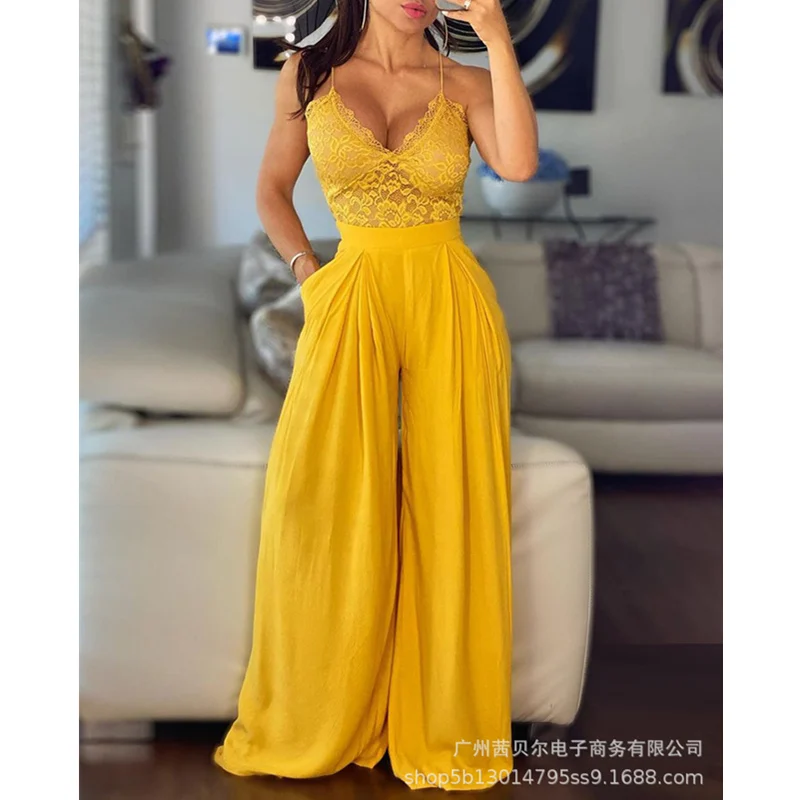 

WEPBEL Women's Sexy Lace Hollow Out Jumpsuit Ladies Elegant Fashion V Neck Halter High Waist Corset Wide Leg Trouser Romper