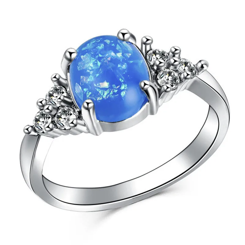 

Milangirl Ladies Silver Color Blue Oval Opal Inlaid Crystal Rhinestone Zircon Female Ring for Women Party Jewelry Size 6-10