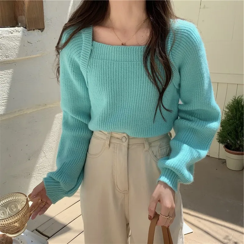 

Basic Sweaters Women Autumn Winter2021New Pull Femme Korean Buttons Square Collar Pullover Knitwear