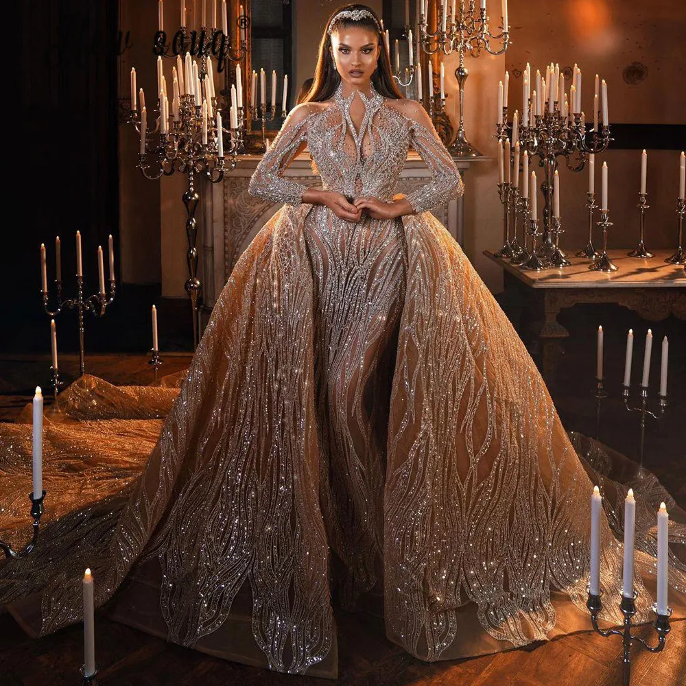 

Beading with Detachable Train Evening Gowns Sparkly Crystals Prom Dresses Long Sleeve Ball Gown African Vestidos De Fiesta