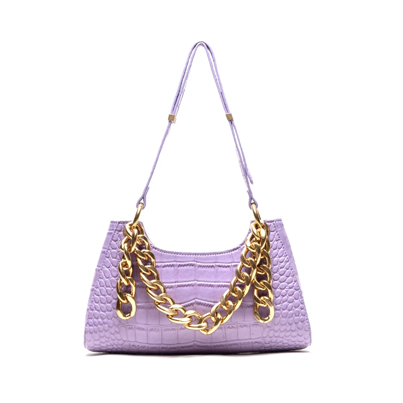 

2021 New European Non-Mainstream Design Thick Metal Chain Underarm Bag Street Shot Ins Popular Crocodile Pattern Baguette Bag