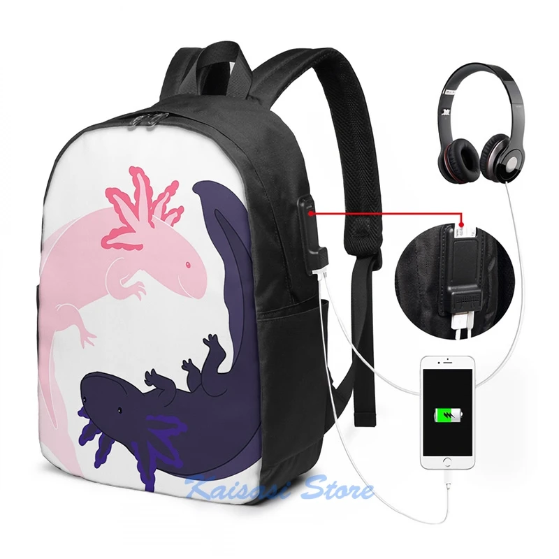 Рюкзак с забавным графическим принтом Yin &amp Yang Axolotls USB-зарядкой мужские школьные