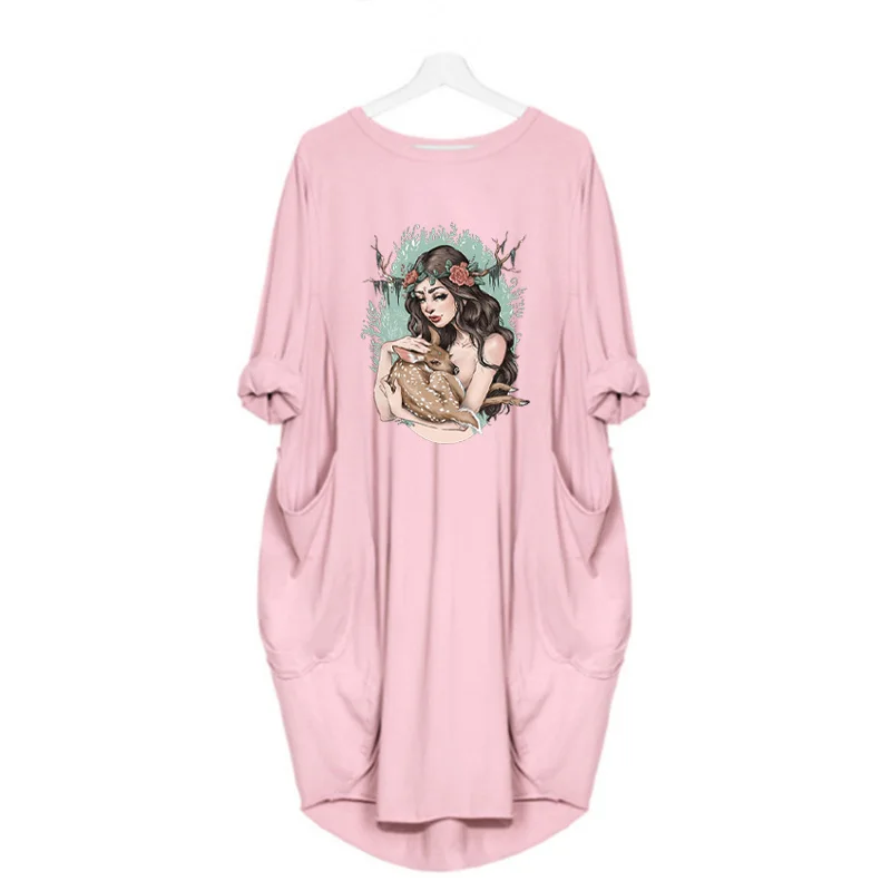 

Women Beauty Print Long Sleeve o Neck Loose Plus Size Harajuku Elegant Sundresses Vestido Vintage Robes Femme 5Xl