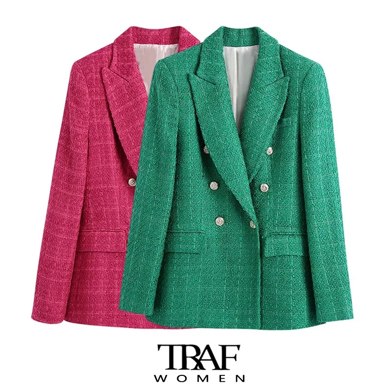 TRAF  Women Fashion Double Breasted Tweed Green Blazer Coat Vintage Long Sleeve Flap Pockets Female Outerwear Chic Veste