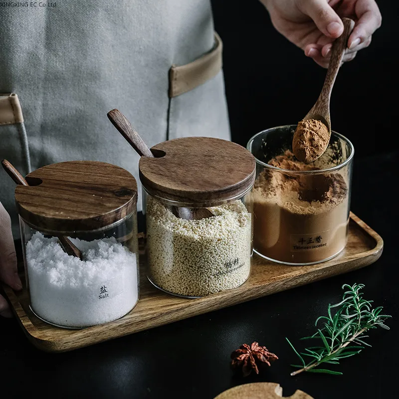 

Transparent Glass Seasoning Jar Seasoning Box Natural Wood Lid Glass Container Household Salt Pepper Jar Kitchen Storage Bottle