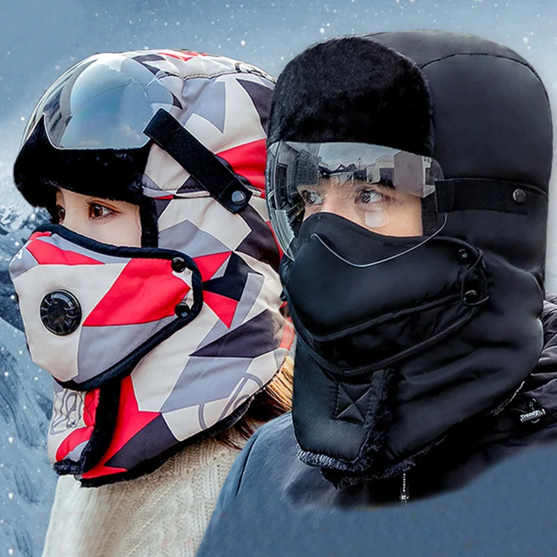 

Windproof Wool Beanie Balaclava Bomber Winter Hat Glasses Men Bonnet Women Warm Cap Travis Scott Pasamontanas Ski Mask шапка