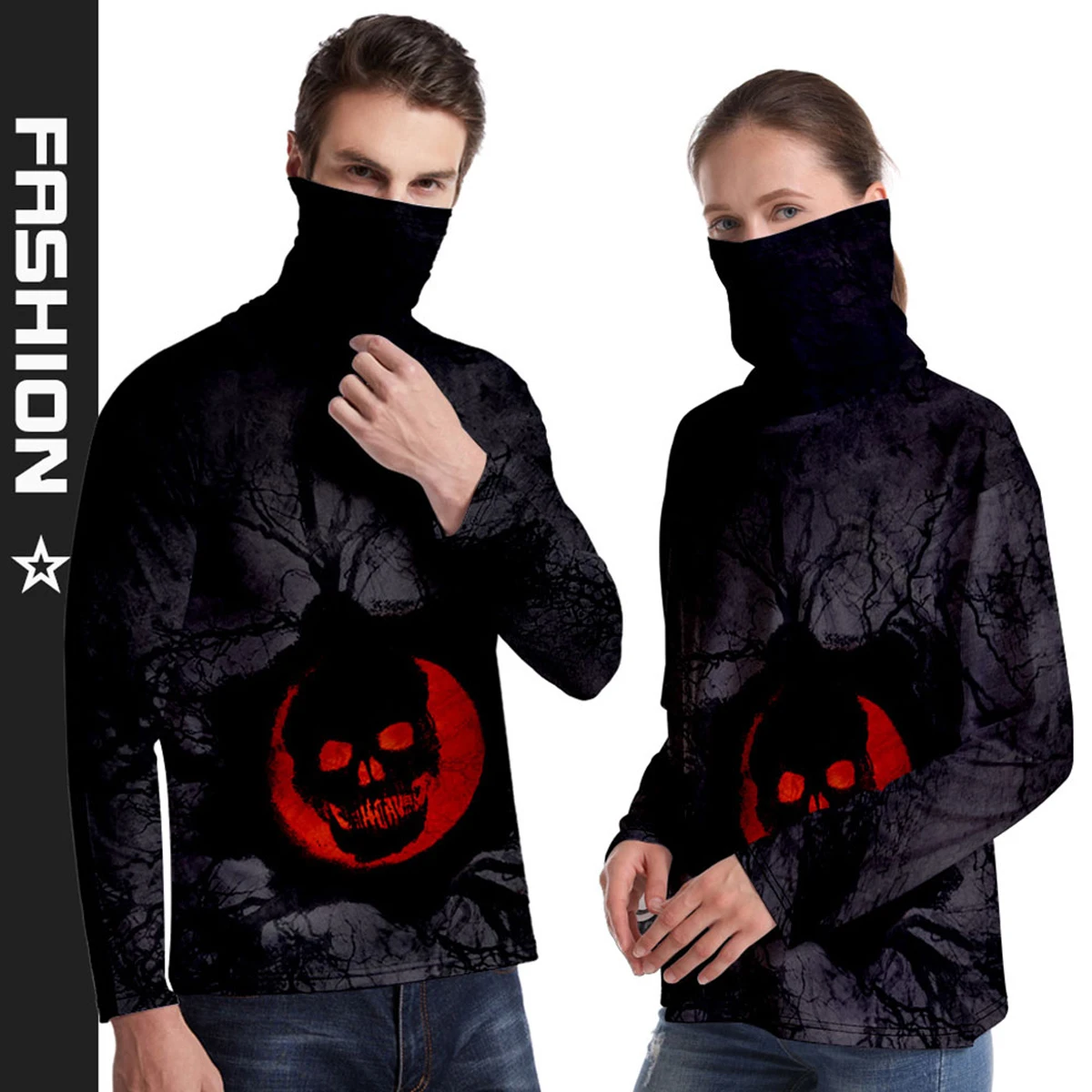 

Personality Scary 3D Printing Loose Oversized Sweatshirts and Headscarf Halloween Tops Mens Casual Long-sleeved T-shirt