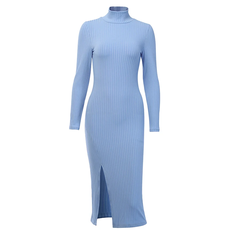 

Sexy Knee-Length Party Dresses Cotton Ribbed Knitted Turtleneck Solid Split Long Sleeve Autumn Mock Neck Elegant Dress S287