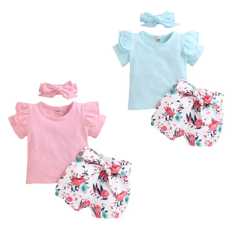 Летние комплекты одежды для маленьких девочек однотонный топ с коротким рукавом