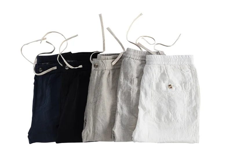 

Linen Male Summer Light Pants Mid Waist Shortened Length Comfy American European Style Pants For Men