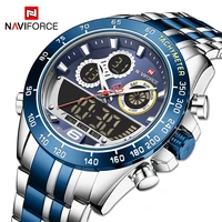 new naviforce quartz wrist watch for mens fashion silver blue luminous lcd dual display chronograph watch male waterproof clock