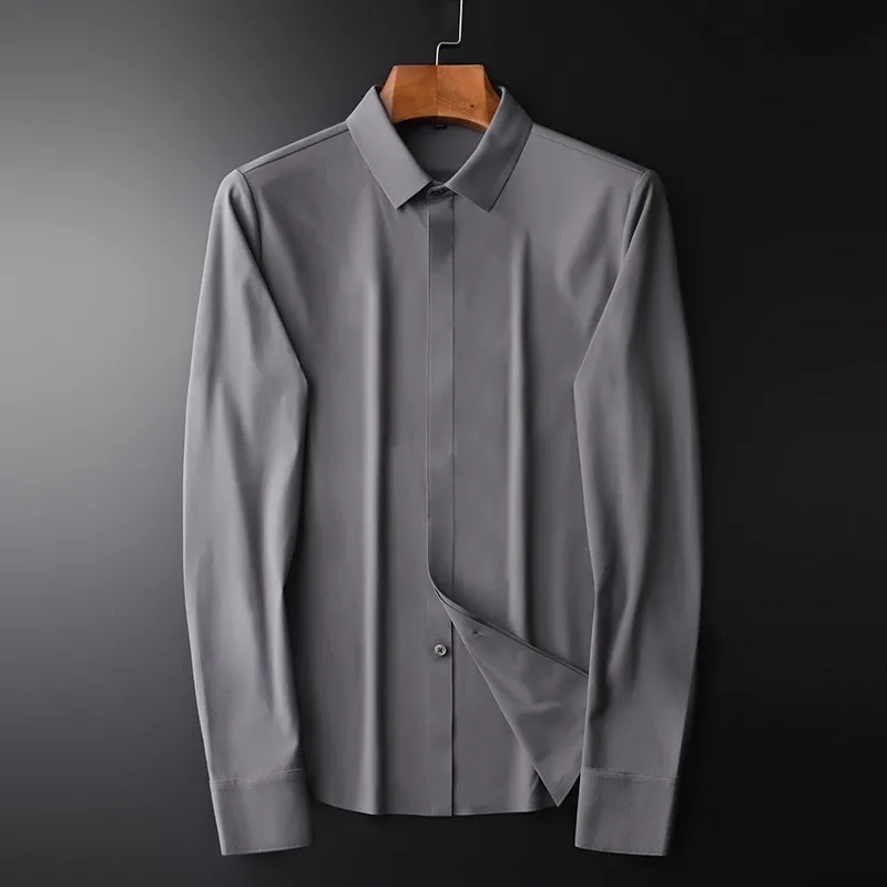 

New Grey Mens Shorts Luxury Autumn Solid Color Long Sleeve Casual Male Shirts Plus Size 4xl Slim Fit Party Mens Dress Shirts