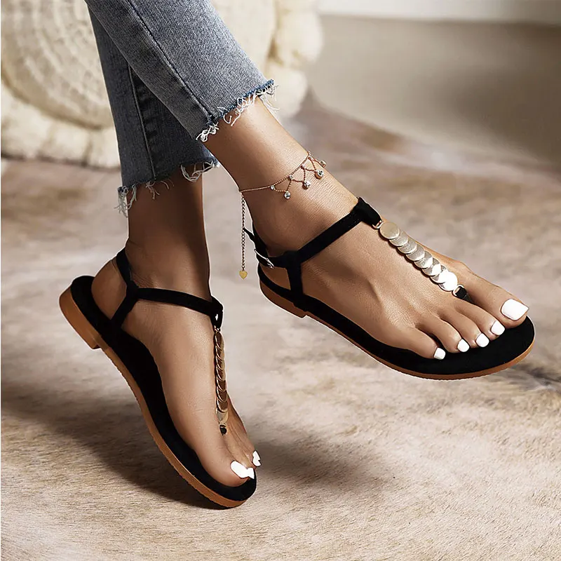 

Lasyarrow Rome Flip Flop Female Sandals Sold Buckle Flat Metal Sandals Women Solid Casual Trendy High Quality Shoes Woman
