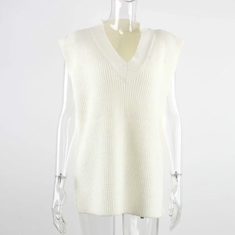 

Women Fashion White Knitted Sweater Vest Jumper 2020 Autumn Winter Women Elegant Casual Loose V Neck Sleeveless Sweater Vest Top