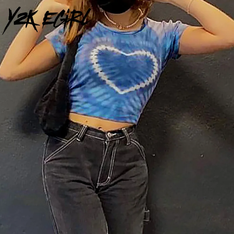 

Y2K EGIRL Pastel Goth Tie Dye Heart Print Crop Tops E-girl Aesthetics O-neck Short Sleeve Blue T-shirts Y2K Streetwear Punk Tees