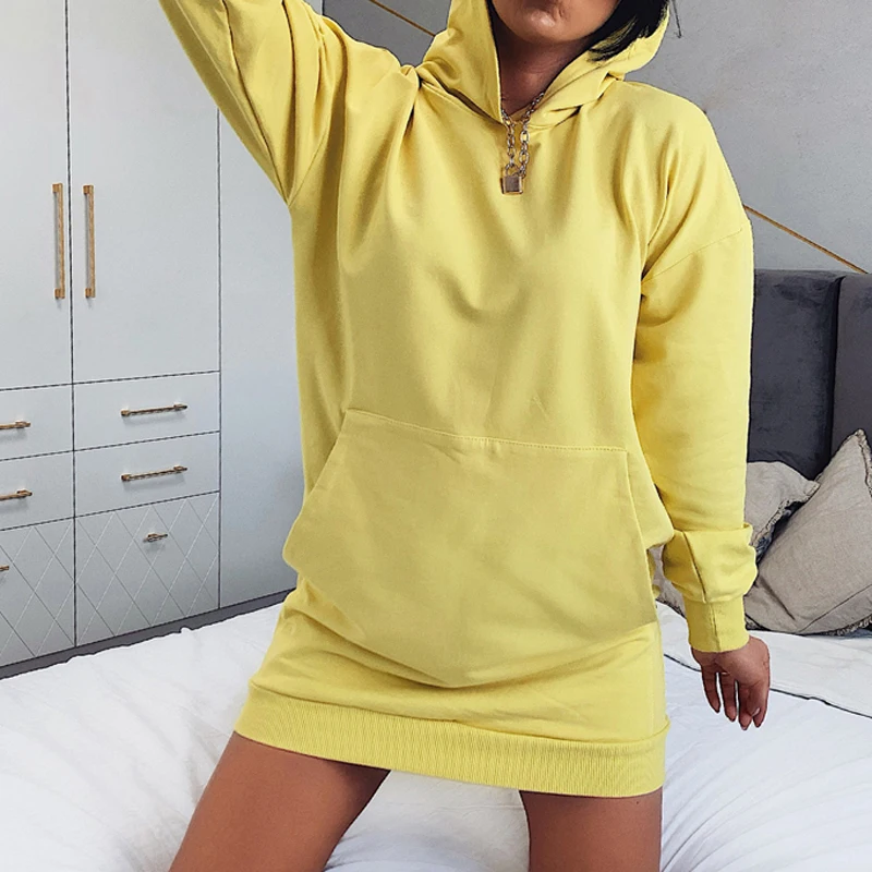 

Women Hoodies Full Length Regular Sleeve Hooded Collar Elegant Fashion Pullover Solid Color Slim Fitting Long Hoodies