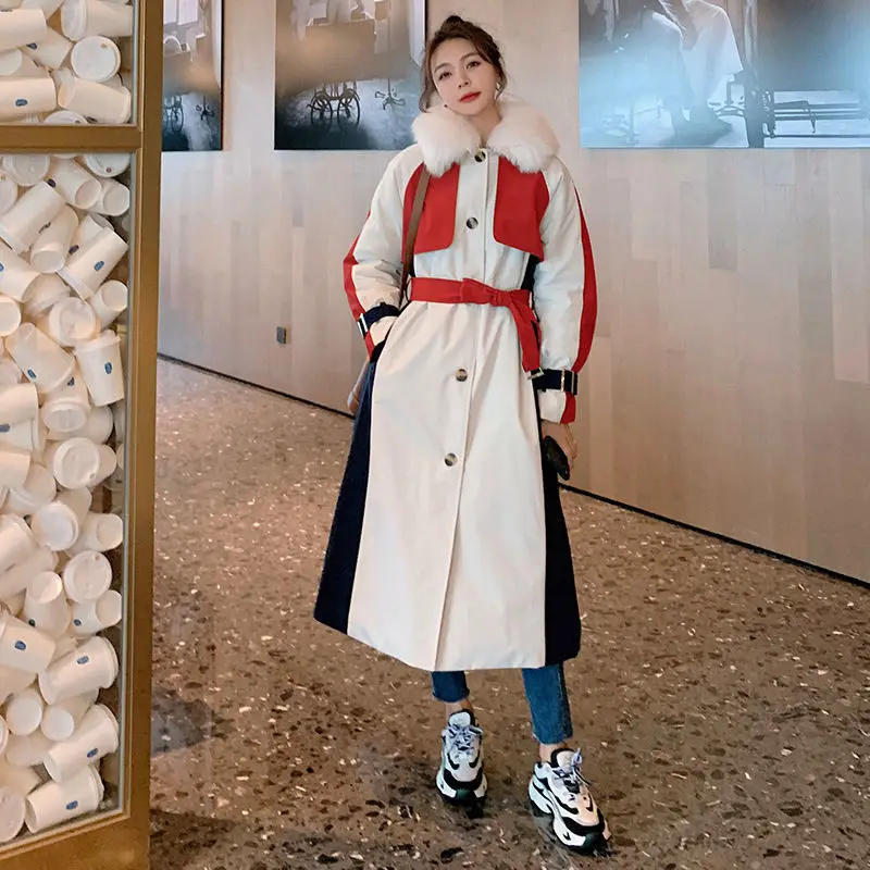 Пальто женское зимнее свободное с мехом длинная толстая теплая ветровка-макси