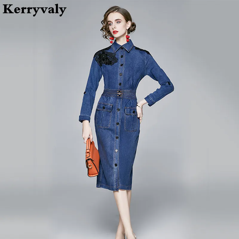 Женское джинсовое платье с длинным рукавом повседневное приталенное средней