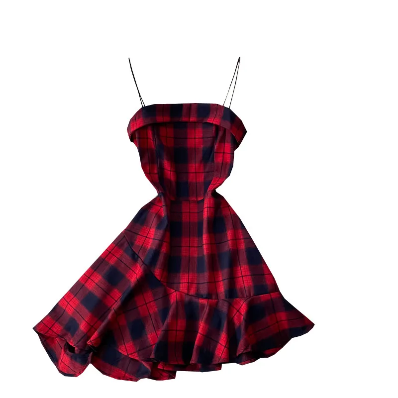 

style first love Platycodon dark Department check waist small sling slim show thin temperament dress summer