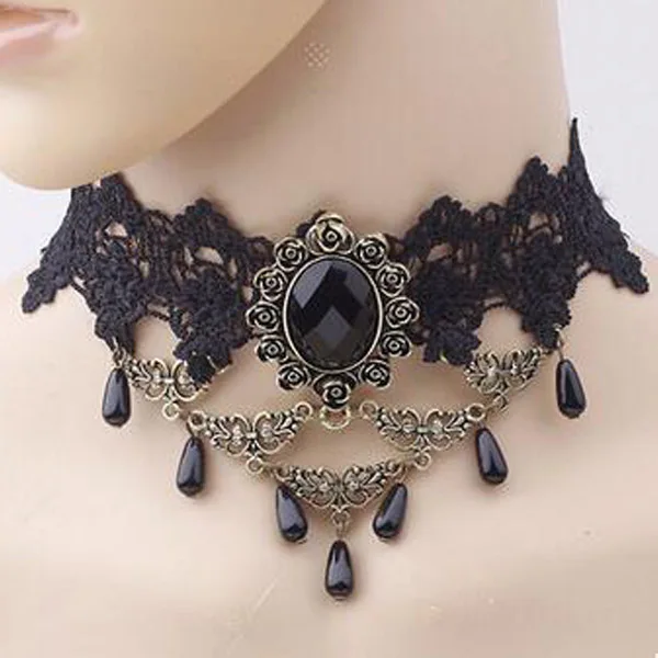 D Новые Collares сексуальные Чокеры в готическом стиле кристально черное кружевное ожерелье, колье винтажное викторианское женское чокер стимпанк ювелирные изделия - Окраска металла: D
