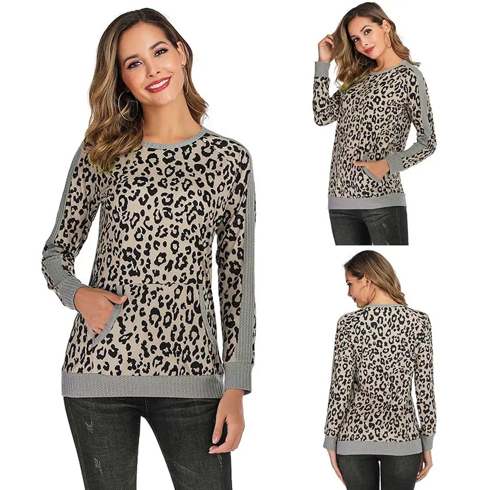 

Женский леопардовый пуловер с длинным рукавом и круглым вырезом, свитшот с карманом кенгуру