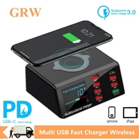 grwibeou 100w multi usb fast charger wireless for iphone 12 11 pro xr 8 port usb lcd quick charge station 3 0 pd charger