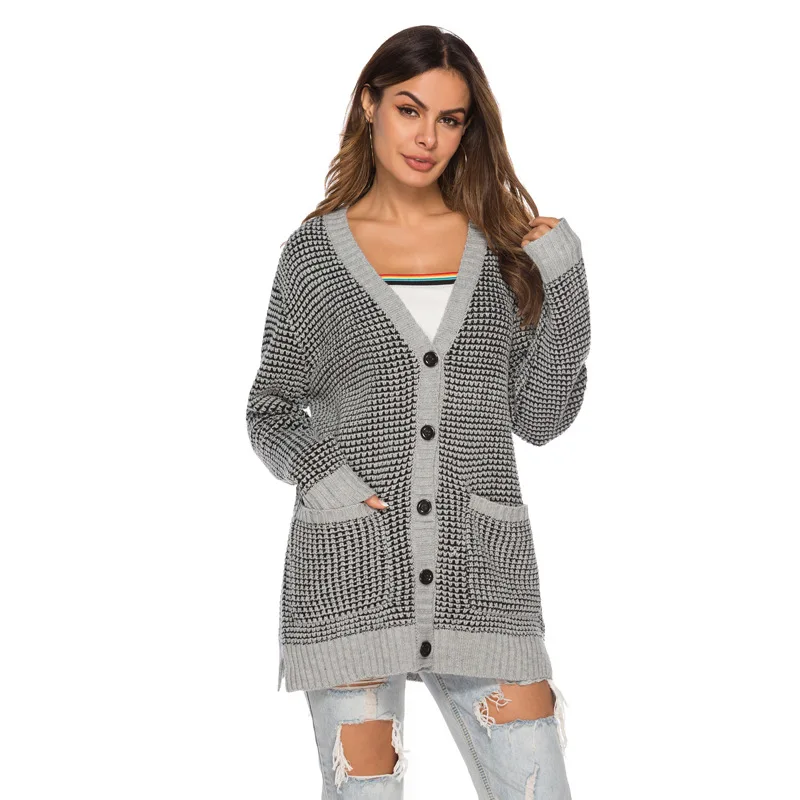 Осень-зима 2019 повседневный вязаный лоскутный кардиган с v-образным вырезом 4