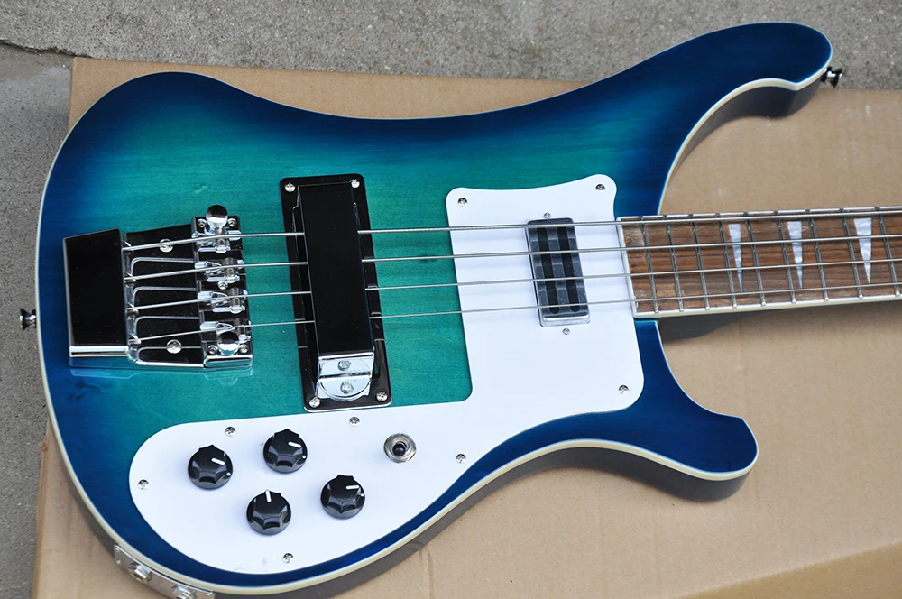 4-струнная прозрачная синяя электрическая бас-гитара со встроенной подсветкой