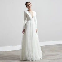 simple v neck tulle wedding dress for women 2022 elegant a line long sleeves open back sweep train bridal gown custom made