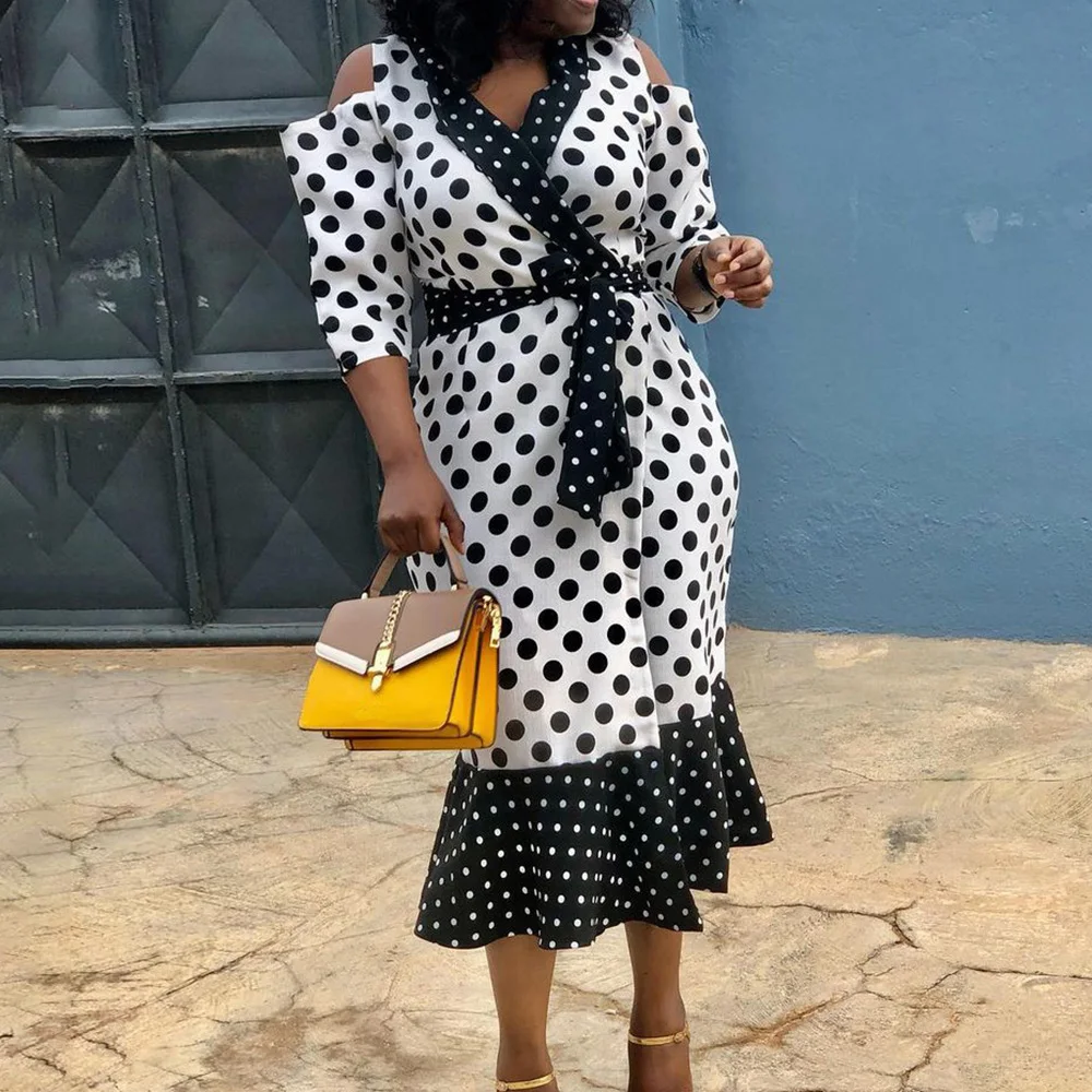 

Женское винтажное платье-русалка, Привлекательное элегантное платье в горошек в стиле ретро, с поясом и рыбьим хвостом, офисное платье для в...