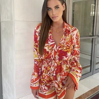 woman vintage red print shirt suit 2021 summer casual female high waisted shorts sets ladies elegant lacing beach suits
