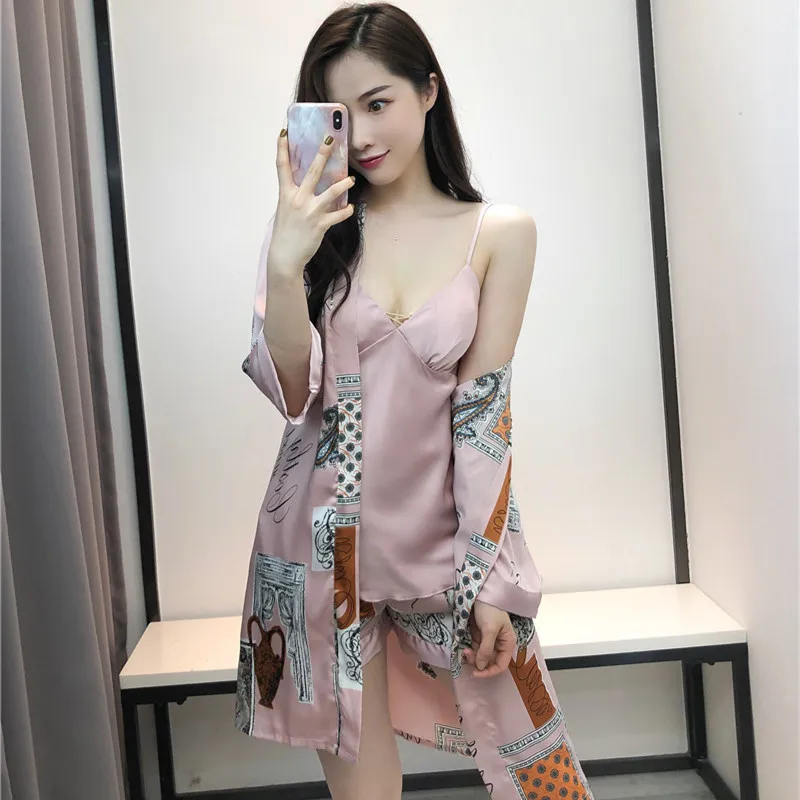 

Women Sexy Print Sleepwear Satin 3PCS Pajamas Set Nightwear Intimate Lingerie Lounge Wear Soft Pyjamas