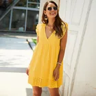 Платье женское кружевное в стиле бохо, повседневное хлопковое ажурное до колена, с V-образным вырезом, без рукавов, с цветочным принтом, желтое, синее, на лето