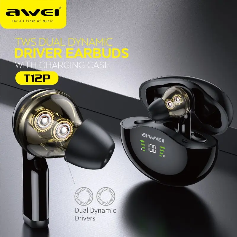 Awei TWS T12 Dual Dynamic Driver Earbuds Bluetooth-compatible 5.1 Earphone Deep Bass With Mic For Phones Headphone | Электроника