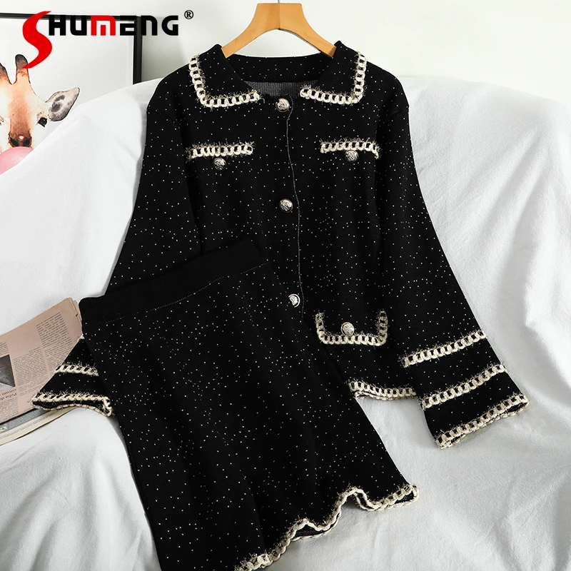 

Woman Fashion Dot Knit Suit 2021 Fall Winter Doll Collar Single Breasted Sweater Coats Slimming Midi Skirts Suit Two Piece Set
