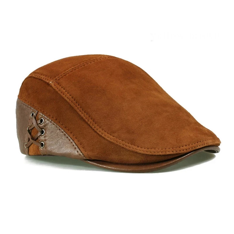 

Fashion European Style Genuine Leather Caps Beret Man Casual Sheepskin Suede Black/Brown Fitted Duckbill Hats Male Boina