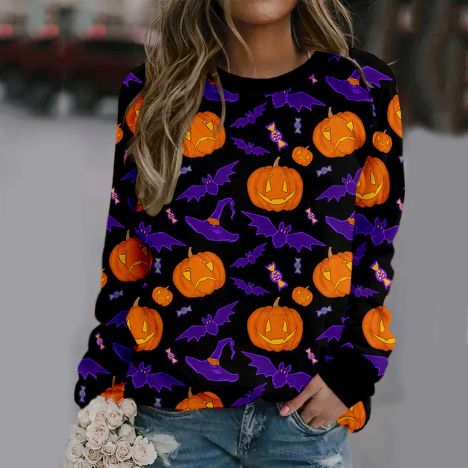 

Women's Funny Pumpkin Sweatshirts Bat Print O-neck Tops Casual Fashion Female Women's Hoodies Full Sleeve Casual Pullover R5