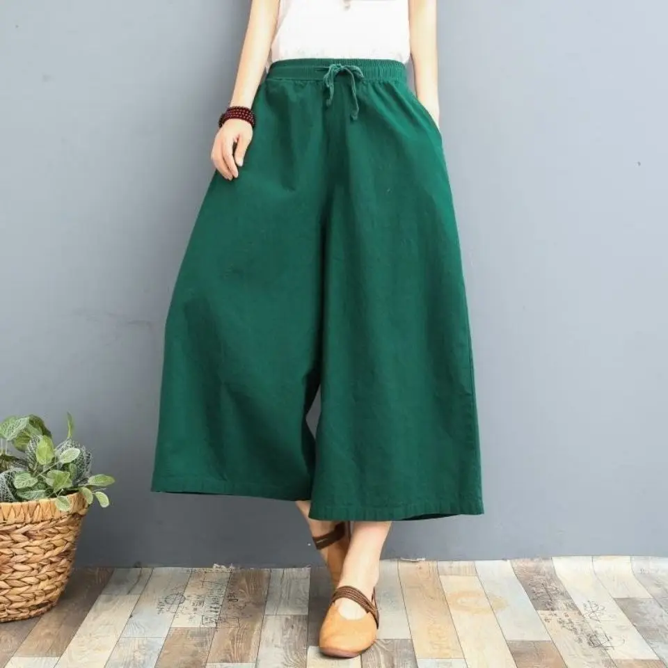 

2021 new summer cotton and linen wide-leg pants women's thin loose large size skirt pants simple wind casual pants big feet pant