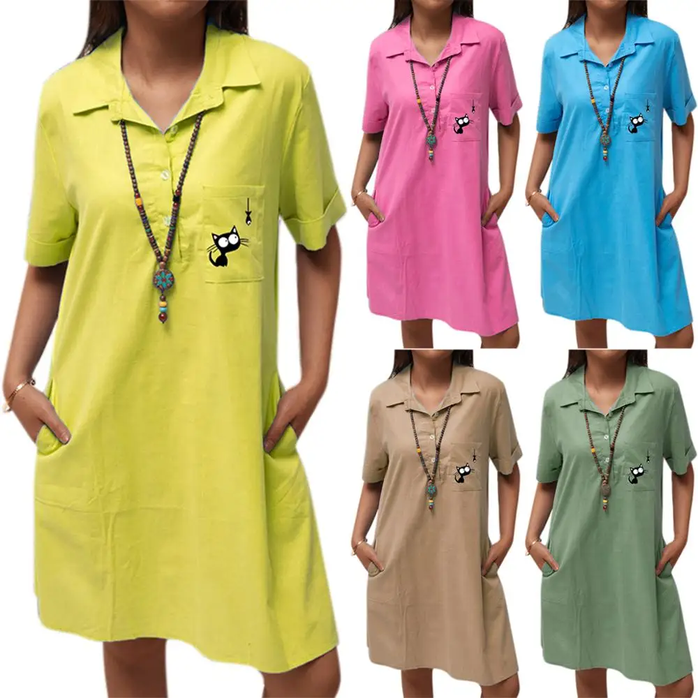 

Vicabo Turn Down Collar Dress 2020 Short Sleeve Womens Dresses Female Fashion Pocket Cat and Fish Printed Summer Vestidos