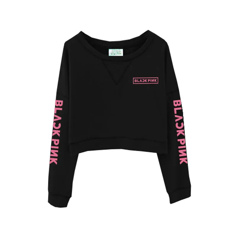 BLACK KPOP BLACKPINK LISAJISOO Роза Дженни Круглый воротник короткое худи тонкая джемпер свободного кроя, в Корейском стиле; летнее худи - Цвет: BLACK