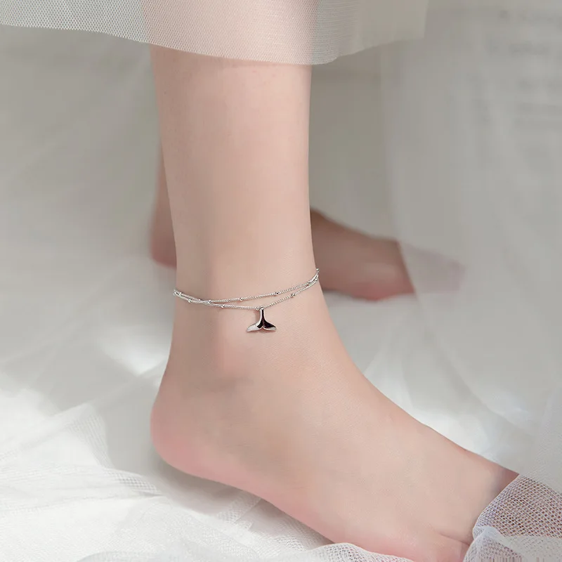 

Silver Color Double Layer Mermaid Tail Round Bead Charm Pendant Link Chain Anklet Party Jewelry For Women sl356