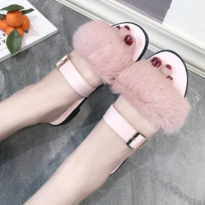 

New 2021 Design Metal Buckle Slippers With Fur Women Outside Slides Pu Leather Flat Ladys Clear PVC Chaussure Femme Beach Shoes