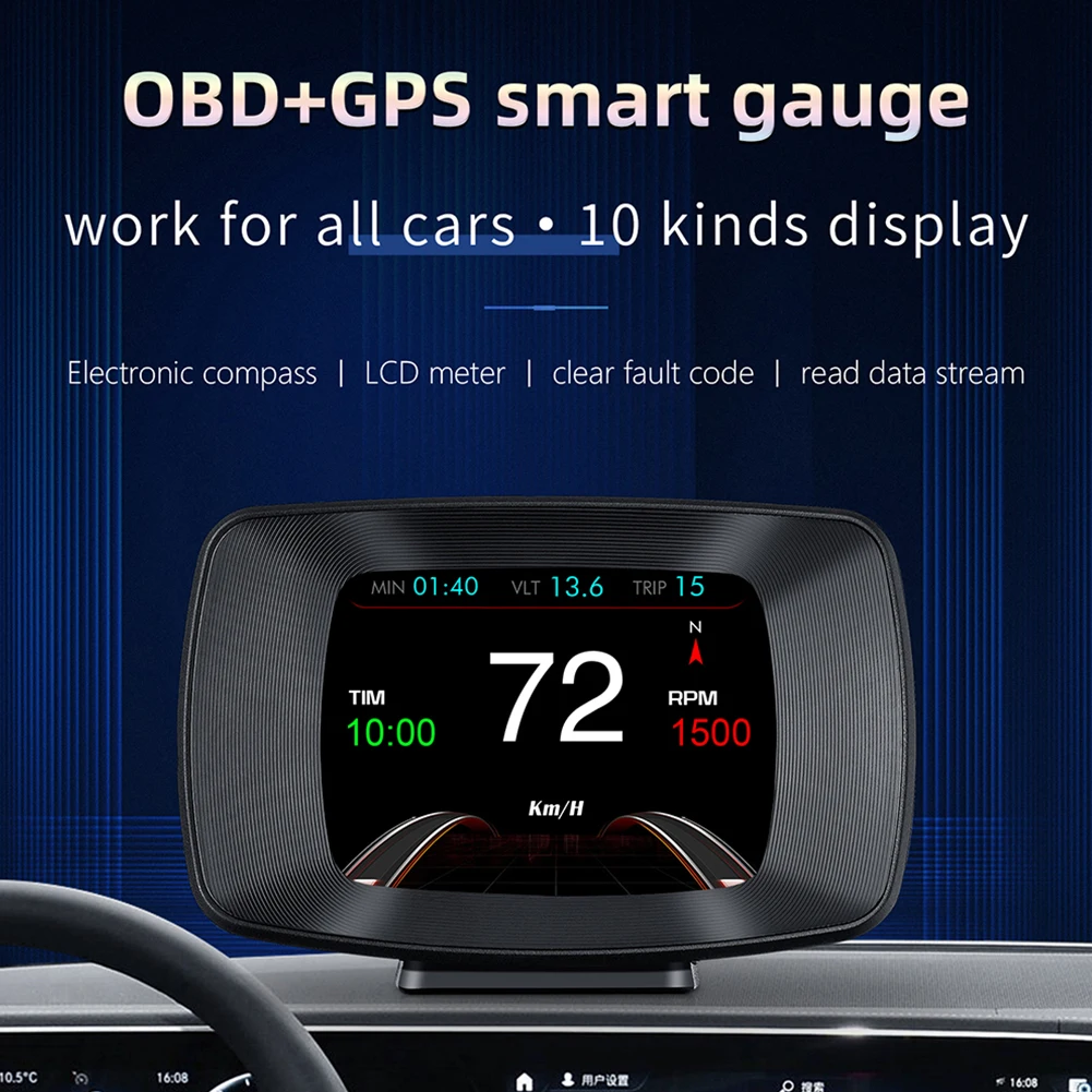 

HUD OBD2 Head Up Display Car GPS Gauge Navigation Digital Speedometer Projector Turbo Oil&Water Temp Odometer Security Alarm RPM