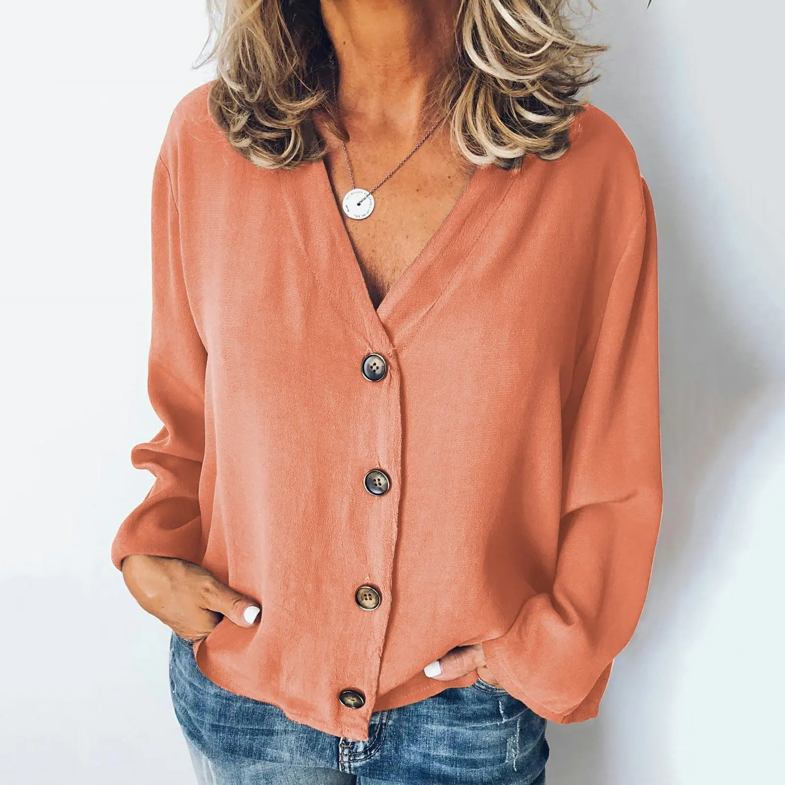 Женские шифоновые топы блузки 2019 Осенняя футболка с длинными рукавами v образным