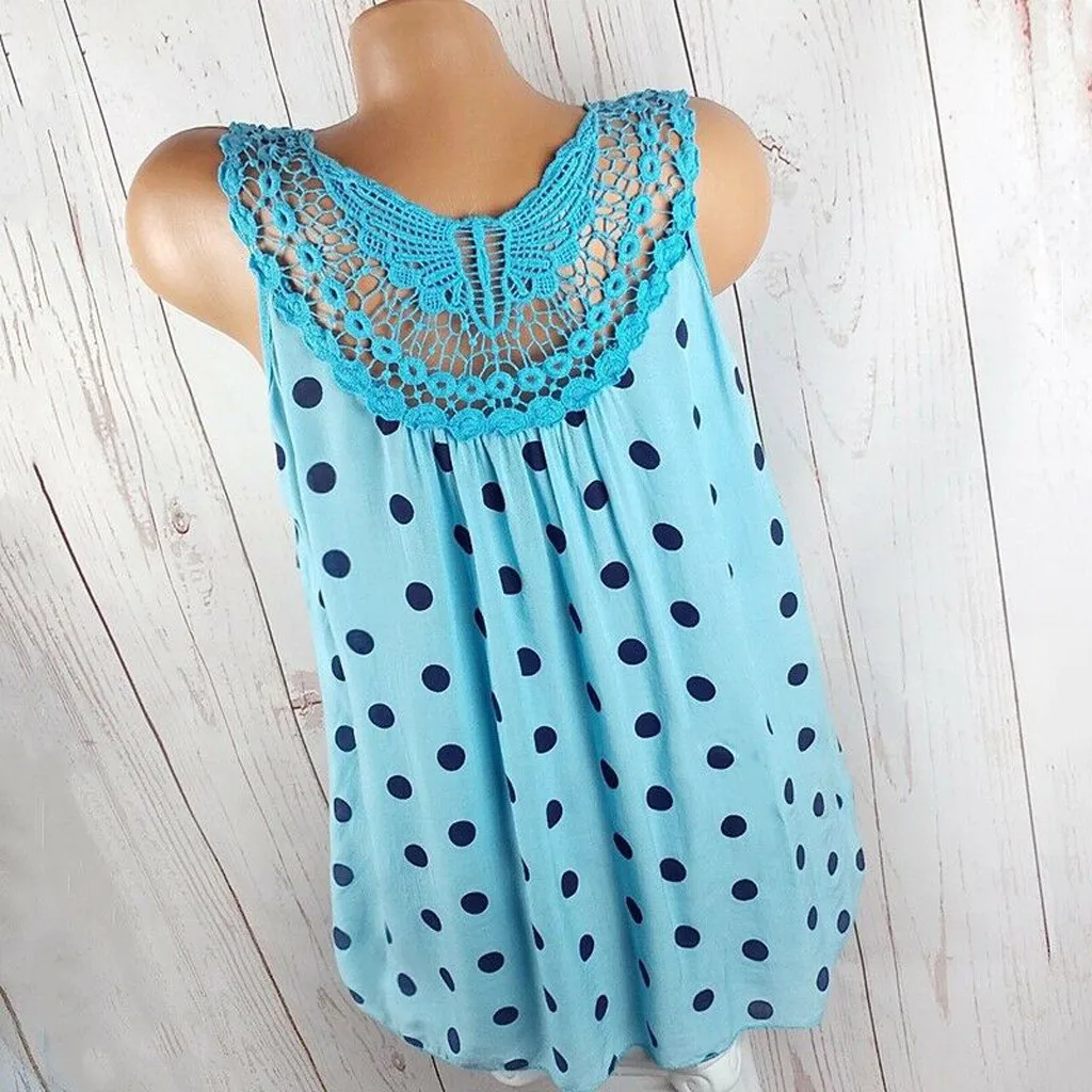 2019 летние женские модные повседневные кружевные топы в горошек без рукавов с