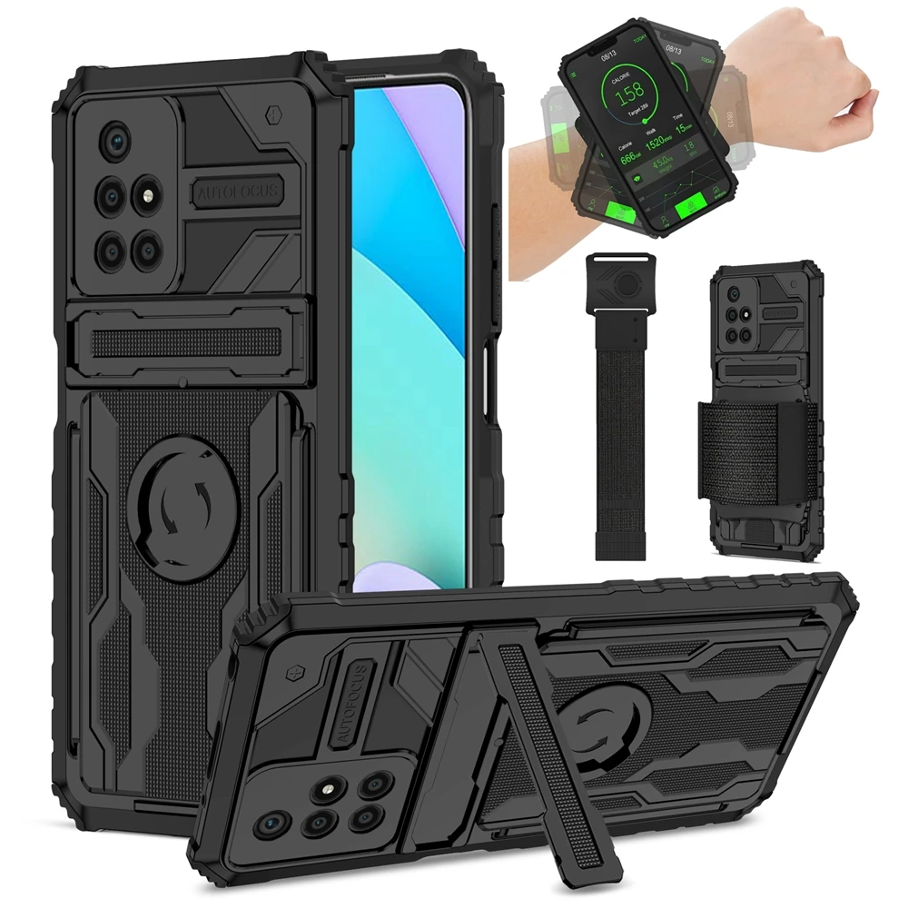 

Multifunction Phone Case for Xiaomi Redmi 10 9 9A 9C 9T Cases Outdoor Sports Shockproof Stand Holder Wristband Cover Bumper Men