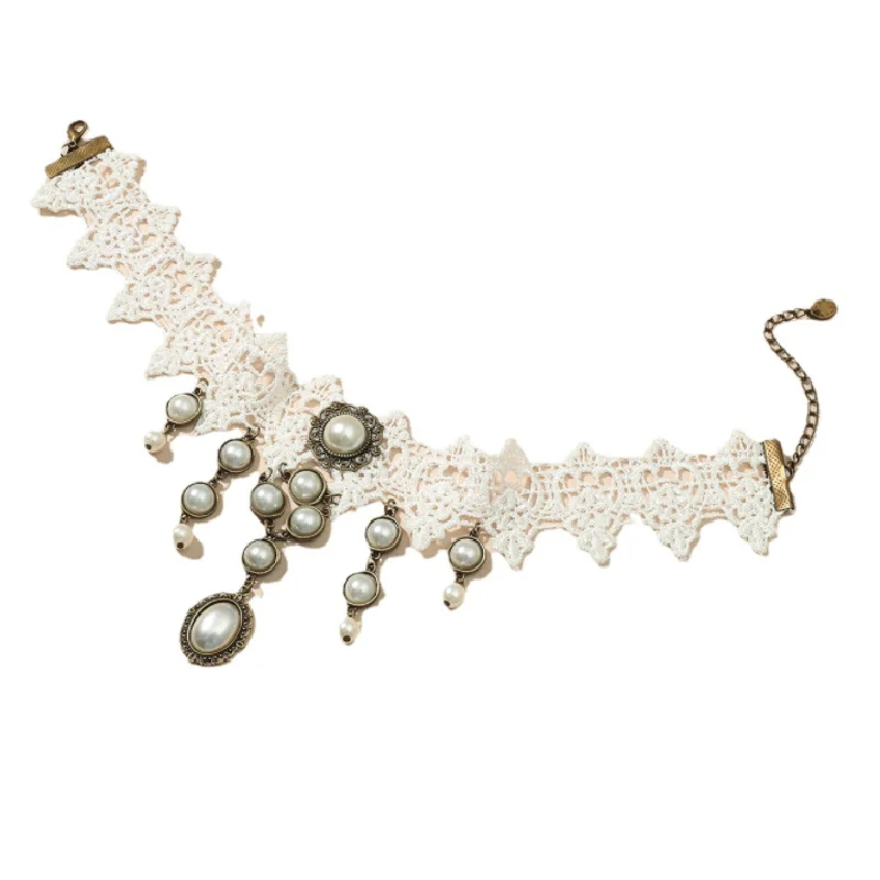 

2021 New Fashion Bridal Lace Pearl Necklace Hanging White Feature Net Poly Neck Hoop Ladies Summer Outing Party Accessories Gift