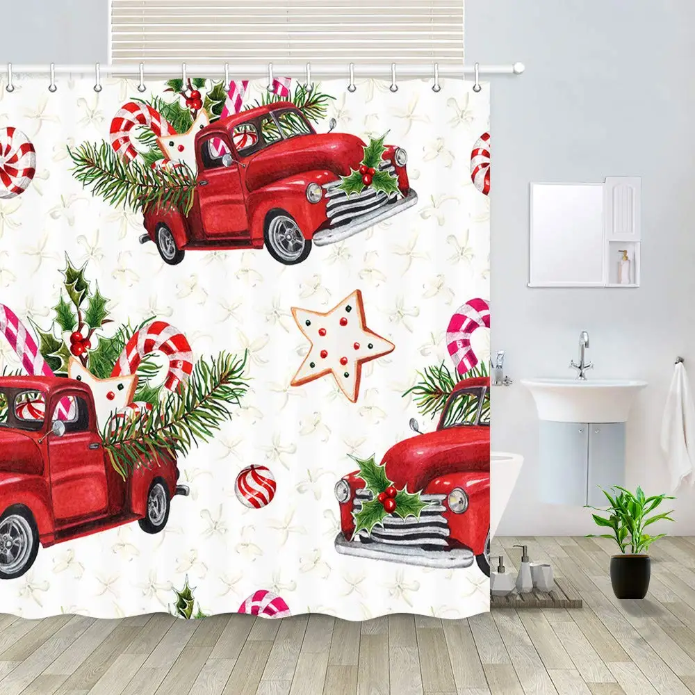 

Christmas New Year Watercolor Vintage Truck Loaded with Sweets Spruce Twigs Holly Leaves Berries Pattern Bathroom Curtains