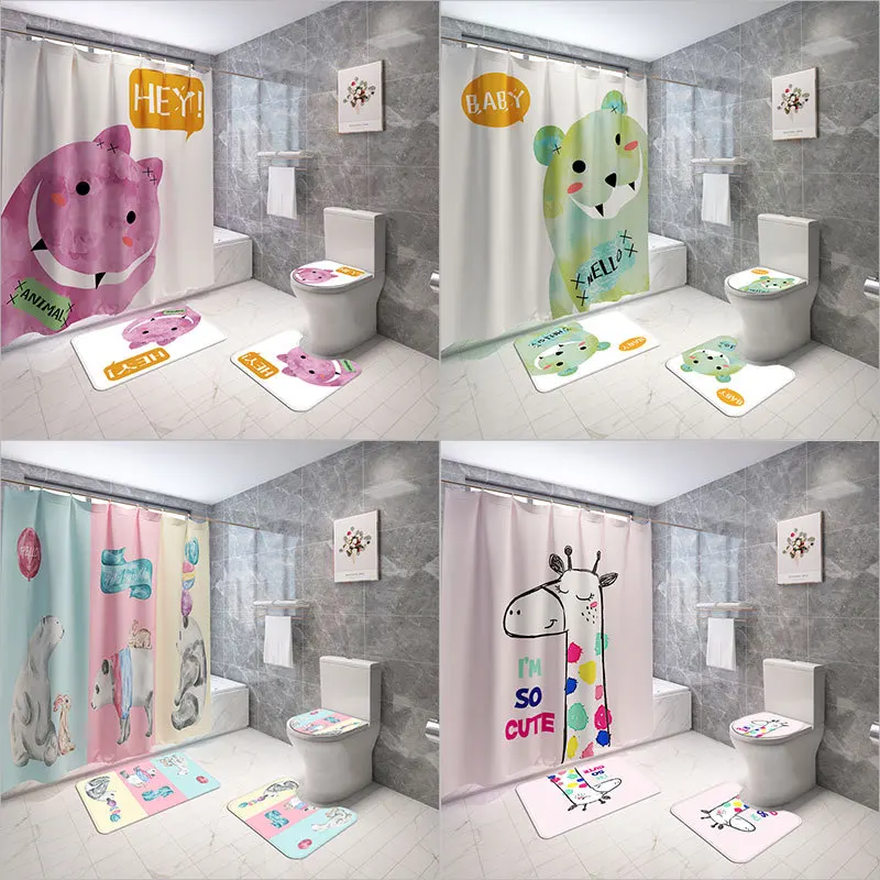 Cartoon Animal Bathroom Mat and Shower Curtain Set Microfiber Toilet Rug Seat Cover Non-Slip Bath | Дом и сад