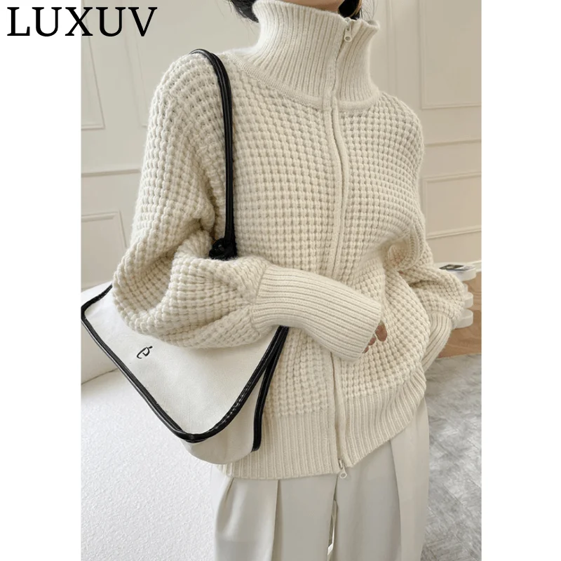 

LUXUV Women's Elegant Knitted Coat Elastic Cardigan Crop Tops Fashion LIght Wool Blend Jersey Shirt Sweater With Throat Long